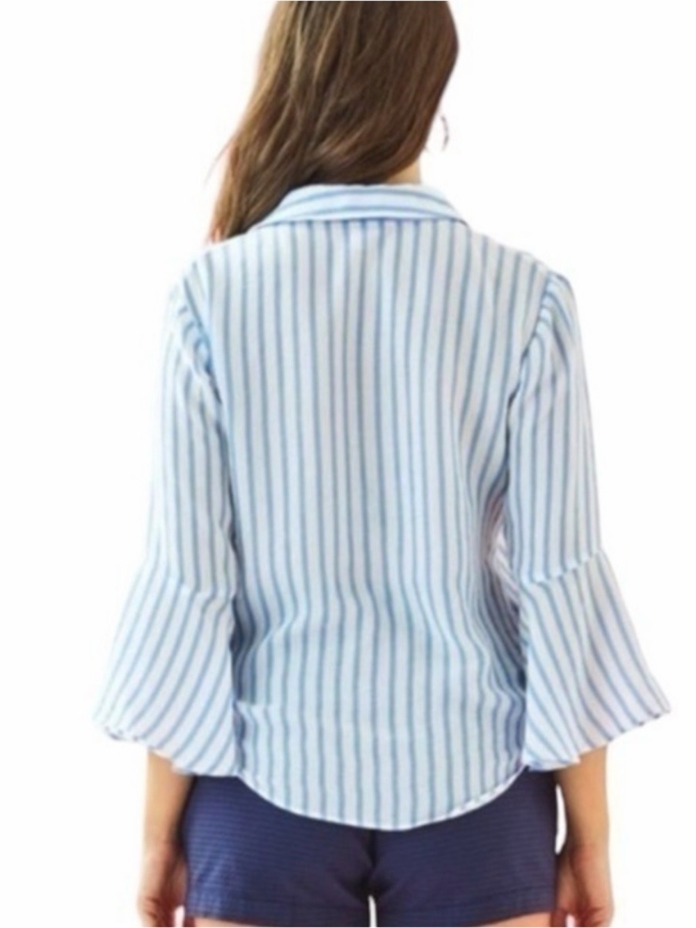 Lilly Pulitzer Blue White Striped Bell Sleeve Tie Front Blouse Coastal Small - Picture 10 of 10
